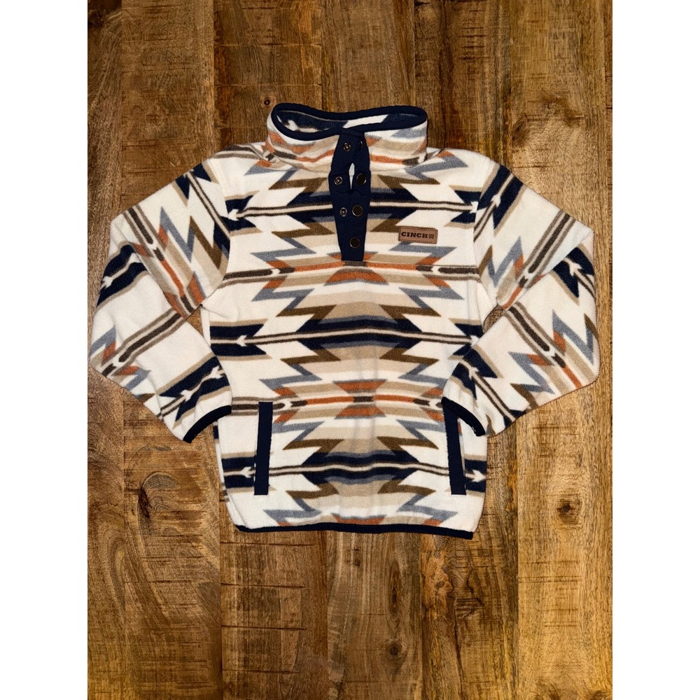 Cinch Boys Southwestern Fleece Pullover Navy Cream Geometric Snap Neck S 6-8